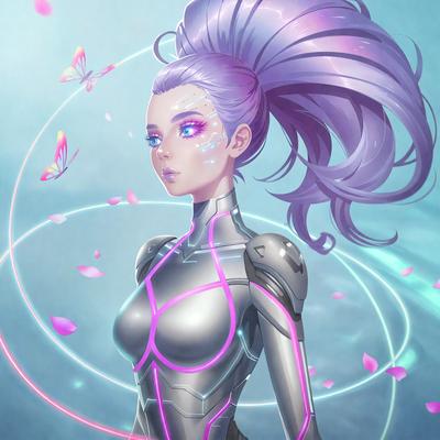 The primary subject of the image is a woman wearing a futuristic outfit, which includes a silver and pink dress. She is standing in front of a backdrop of pink flowers. The visual style of the image is digital art, and the colors and mood are predominantly pink and purple, giving the scene a whimsical and dreamy atmosphere.